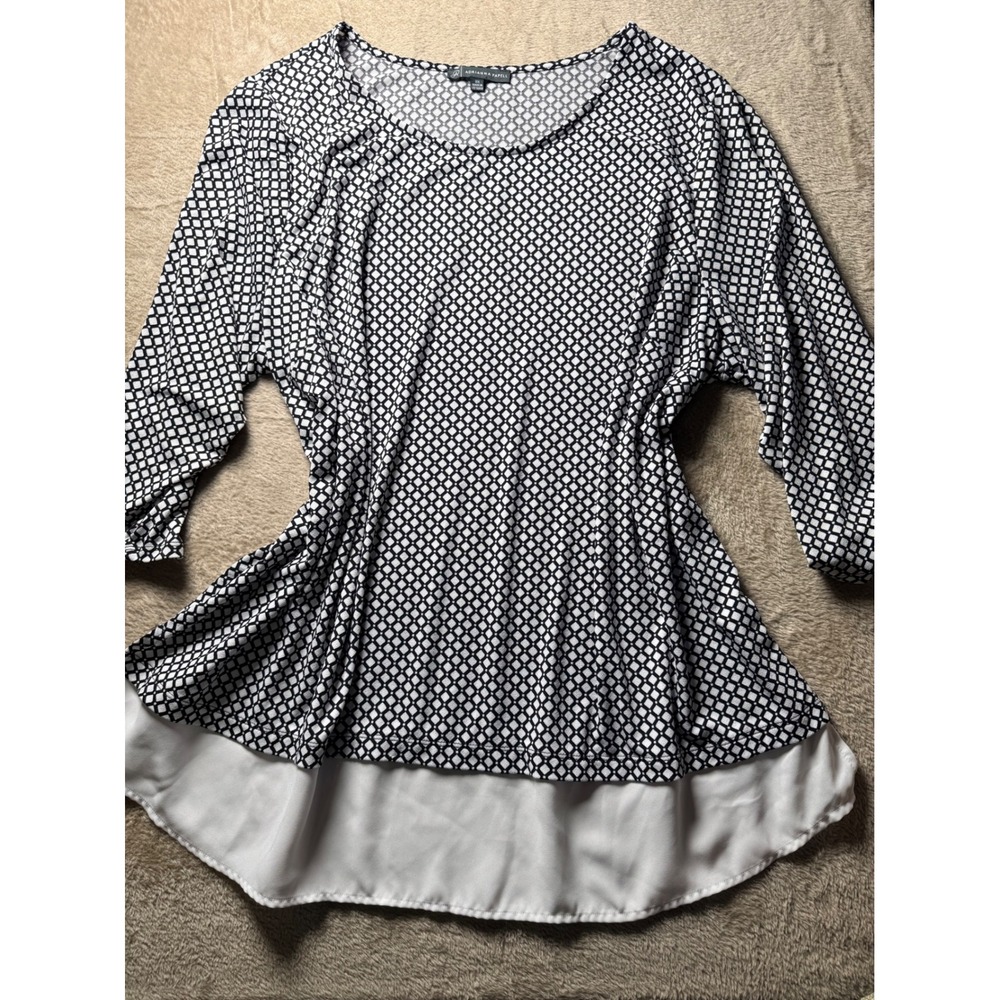 Adrianna Papell Womens 3X Black White Geometric 3/4 Sleeve Layered Tunic‎ Top
